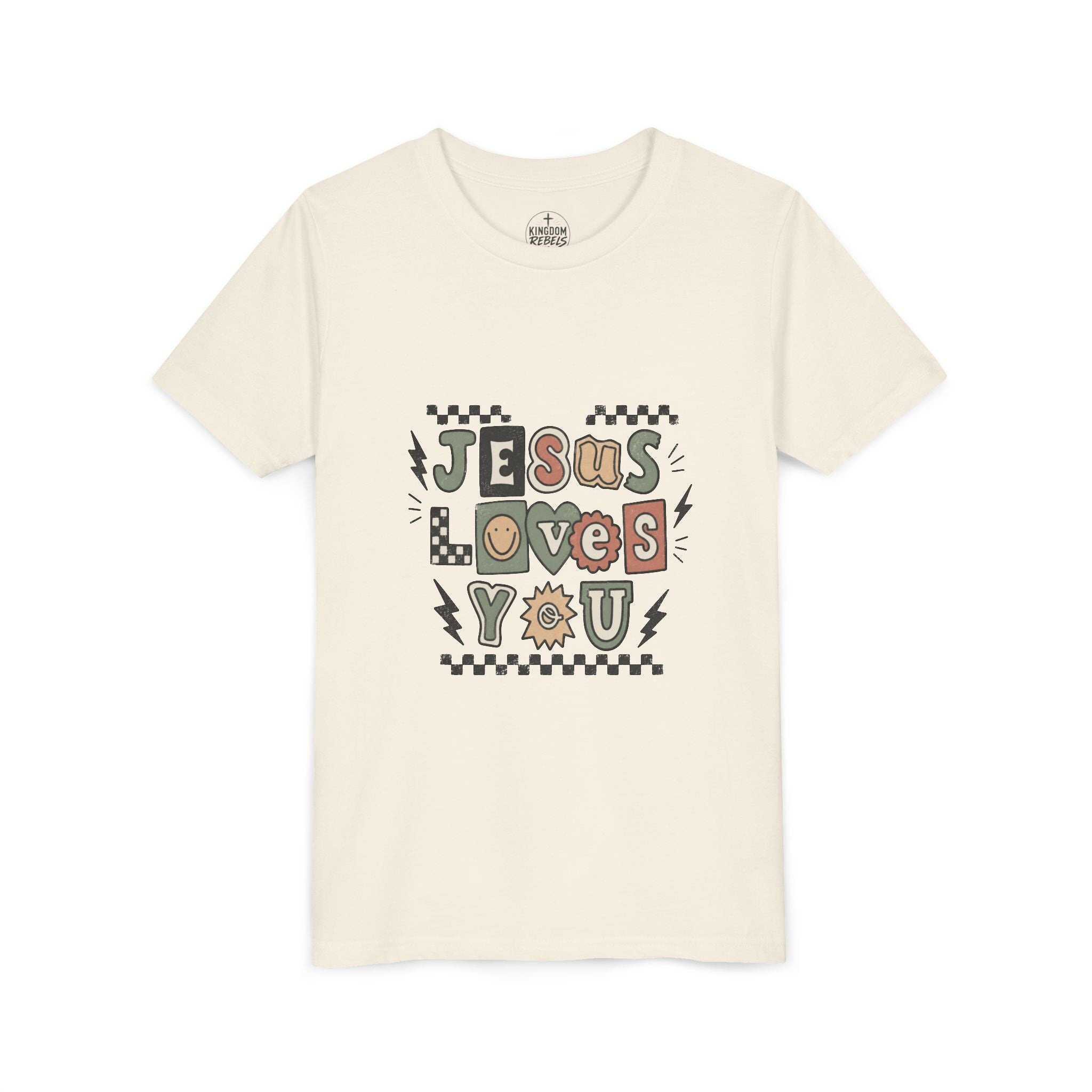 Youth Tee — "Jesus Loves You" Colorful Retro Faith Shirt