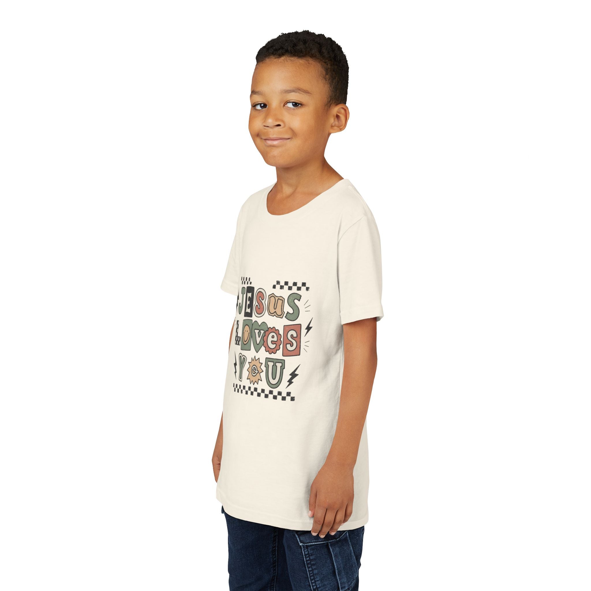 Youth Tee — "Jesus Loves You" Colorful Retro Faith Shirt