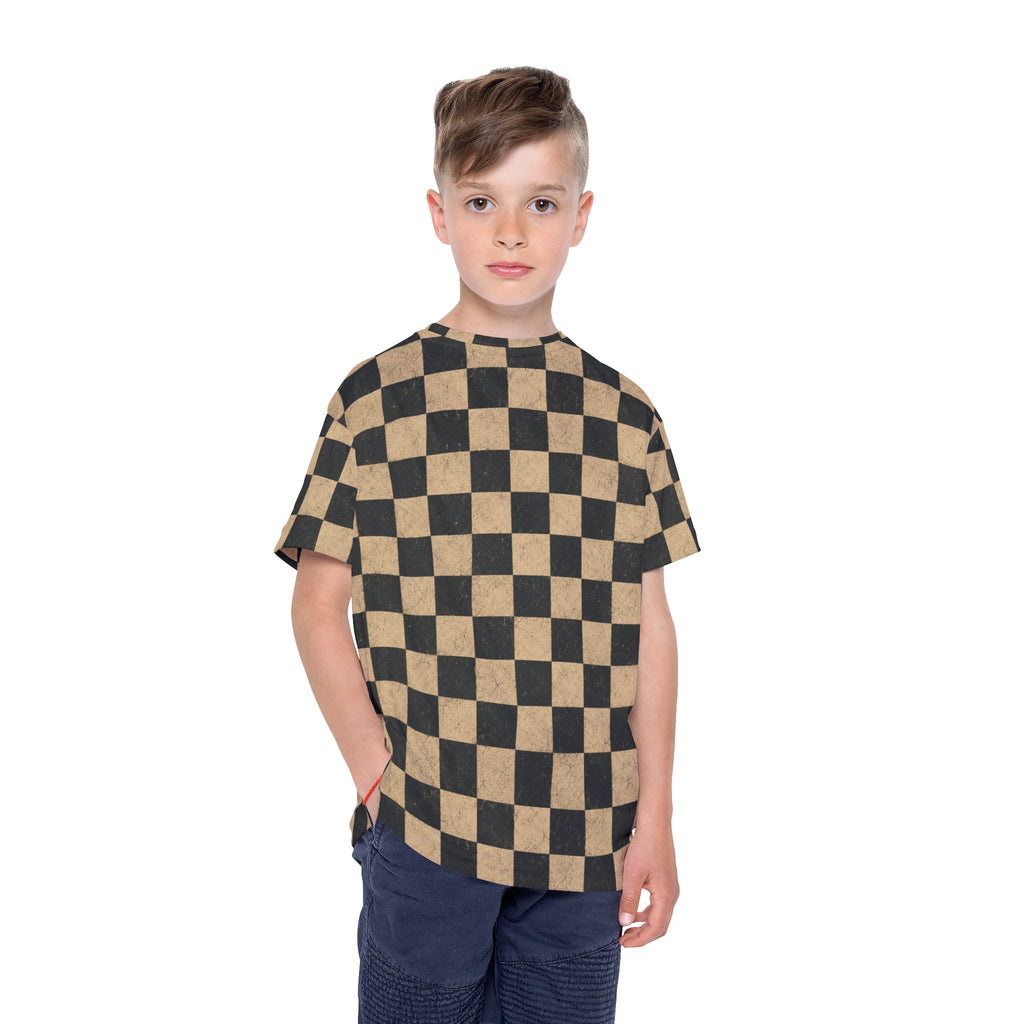 Kids Checkered Sports Jersey — Black & Tan Racing Plaid Tee