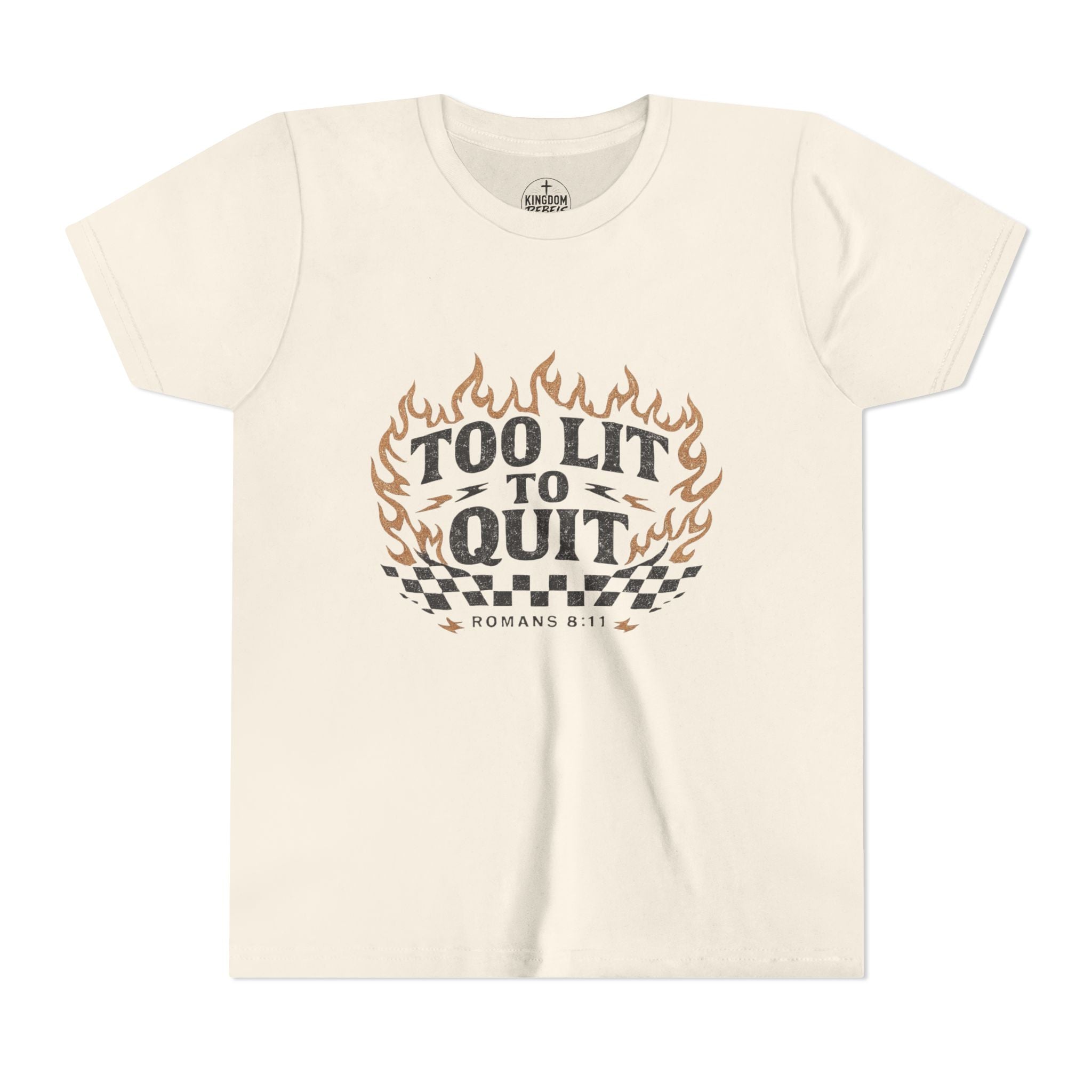 Too Lit To Quit Youth Tee — Retro Flame Graphic Kids T‑Shirt (Romanes 8:31)