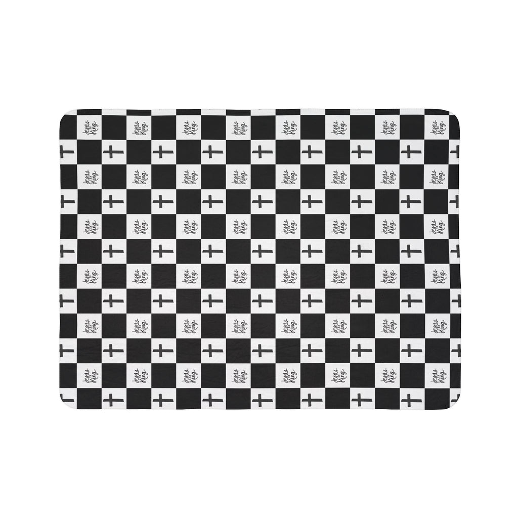 Christian Cross Checkerboard Fleece Sherpa Blanket — Faith-Inspired Black & White Cozy Throw