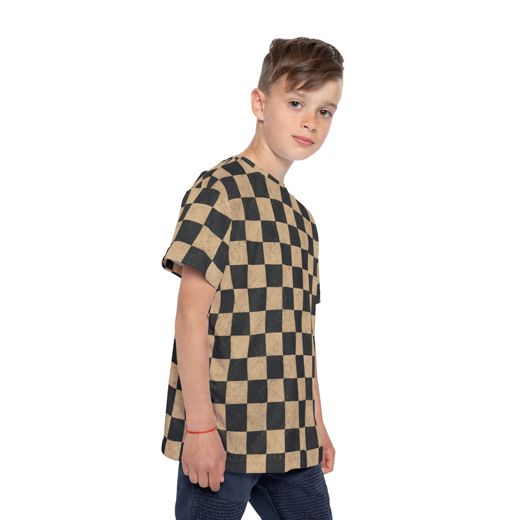 Kids Checkered Sports Jersey — Black & Tan Racing Plaid Tee