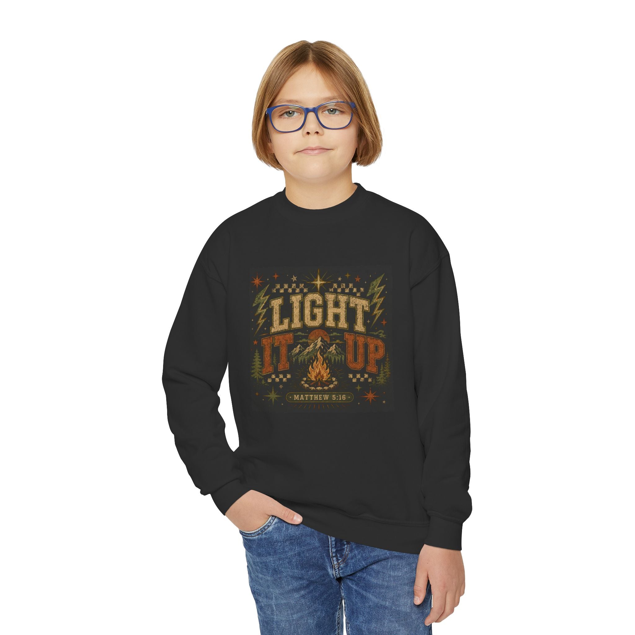 Youth Crewneck Sweatshirt — “Light It Up” Campfire Graphic Pullover