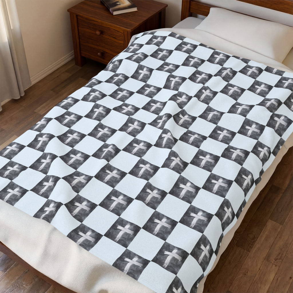 Cross Checker Velveteen Plush Blanket — Black & White Cross Pattern Cozy Throw