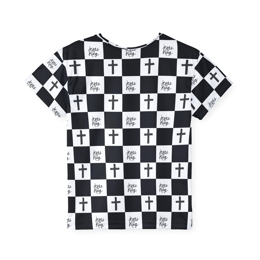 Kids Jersey — Black & White Checker Crosses “Jesus King” All-Over Print