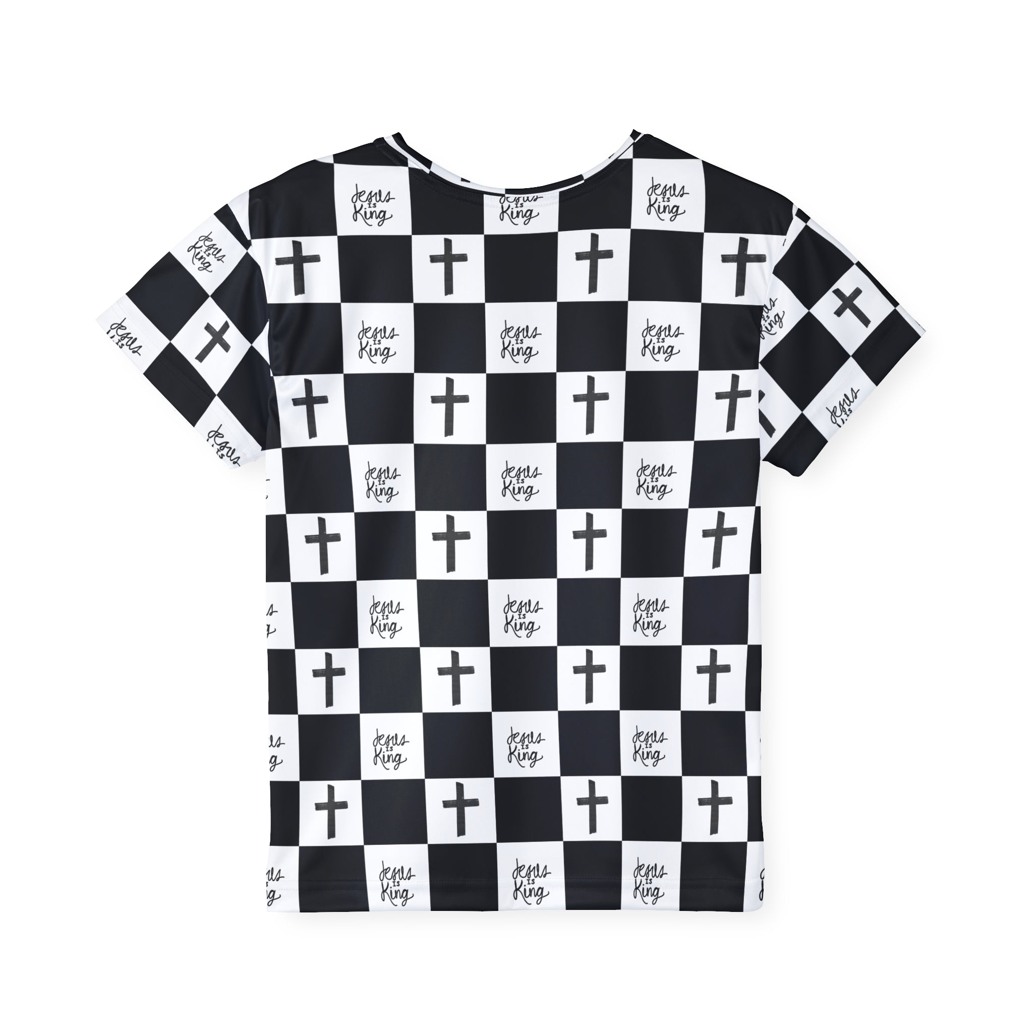 Kids Jersey — Black & White Checker Crosses “Jesus King” All-Over Print