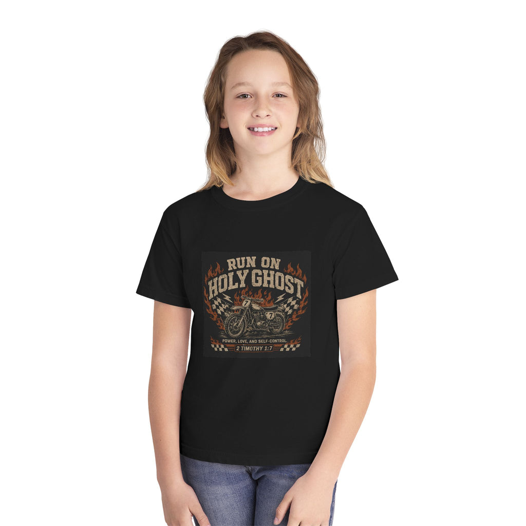 Run On Holy Ghost Motorcycle Youth Tee — Vintage Christian Biker Shirt