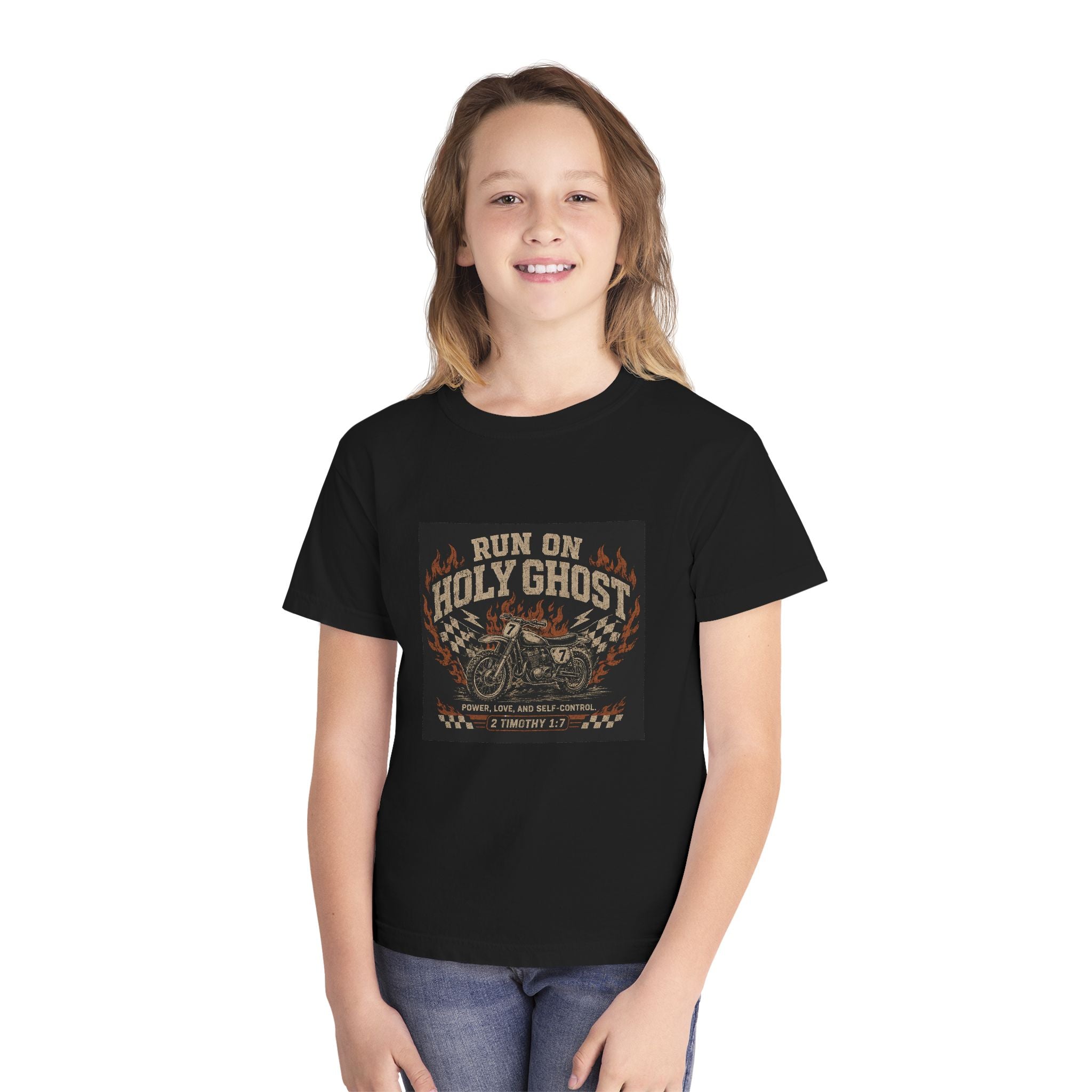 Run On Holy Ghost Motorcycle Youth Tee — Vintage Christian Biker Shirt