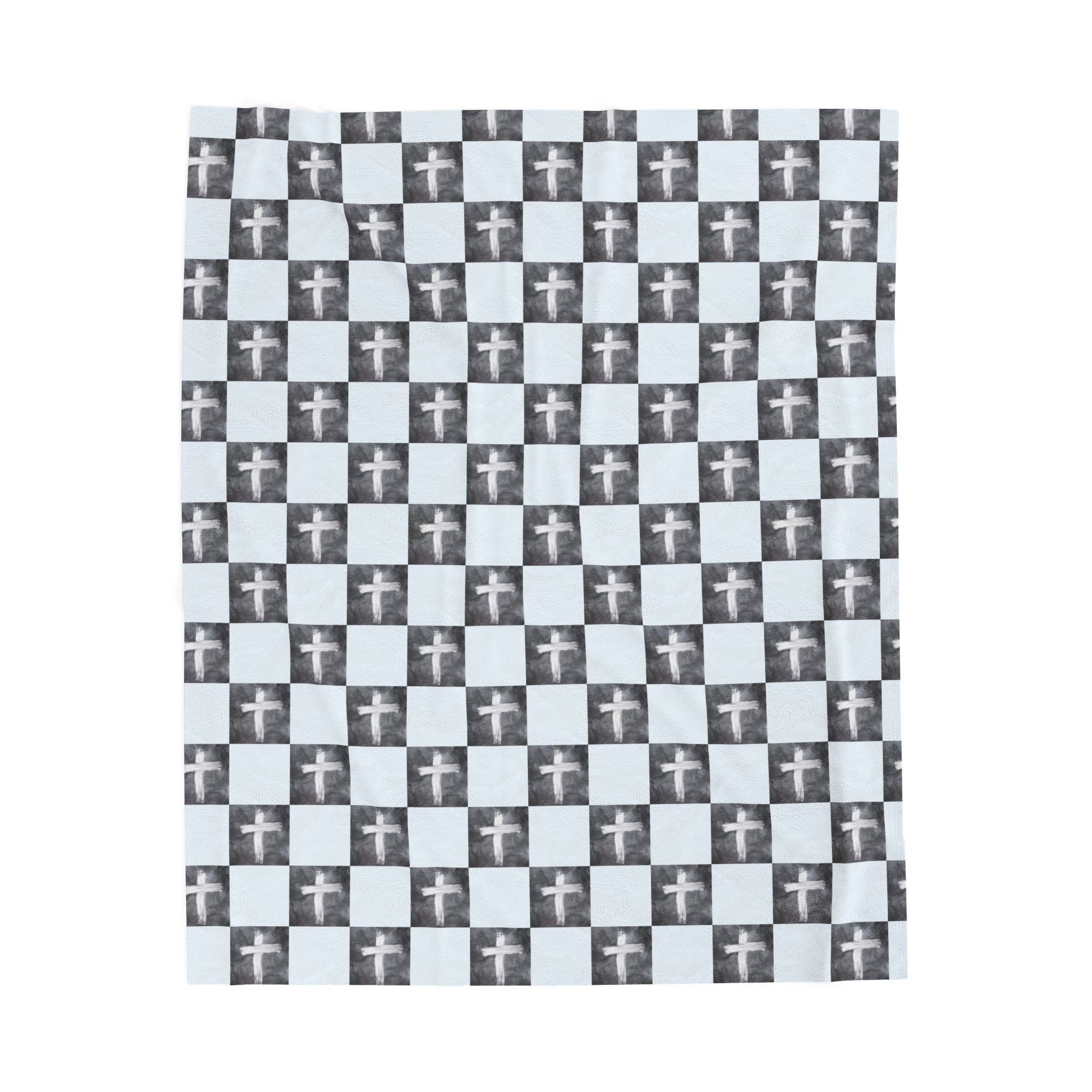 Cross Checker Velveteen Plush Blanket — Black & White Cross Pattern Cozy Throw