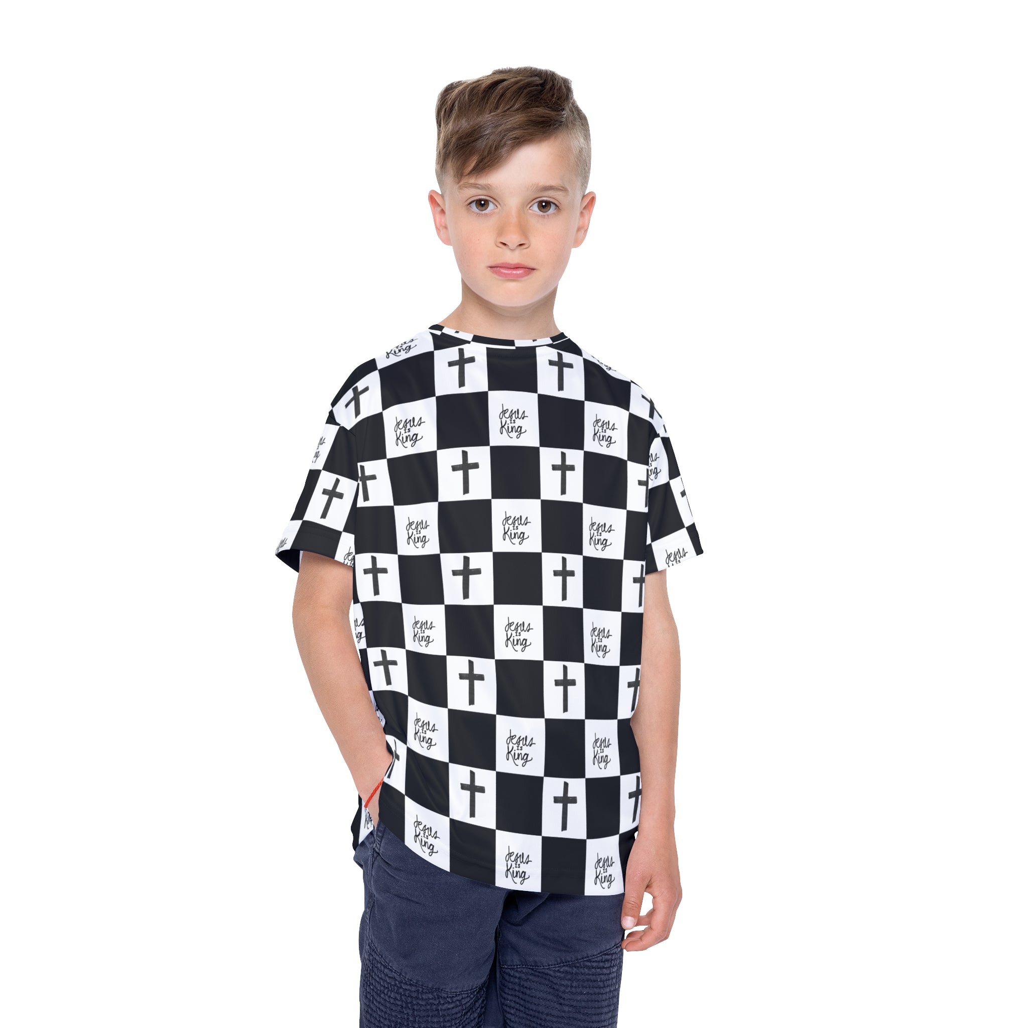 Kids Jersey — Black & White Checker Crosses “Jesus King” All-Over Print