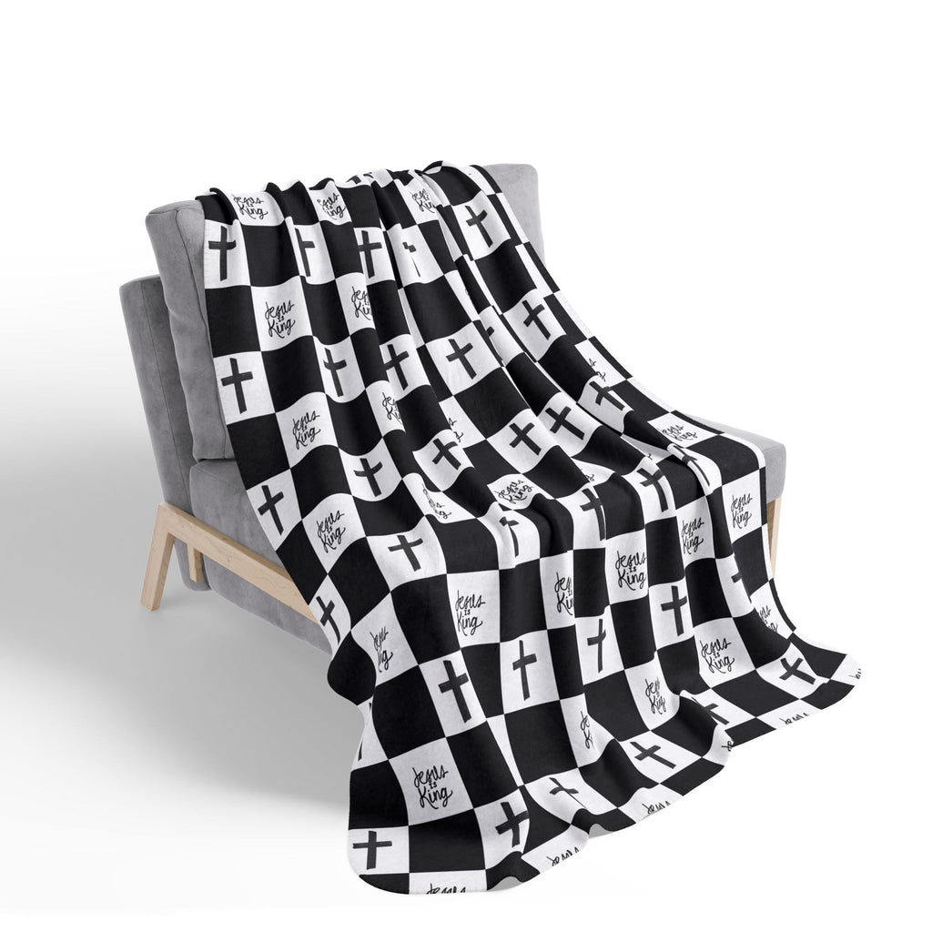 Christian Cross Checkerboard Fleece Sherpa Blanket — Faith-Inspired Black & White Cozy Throw