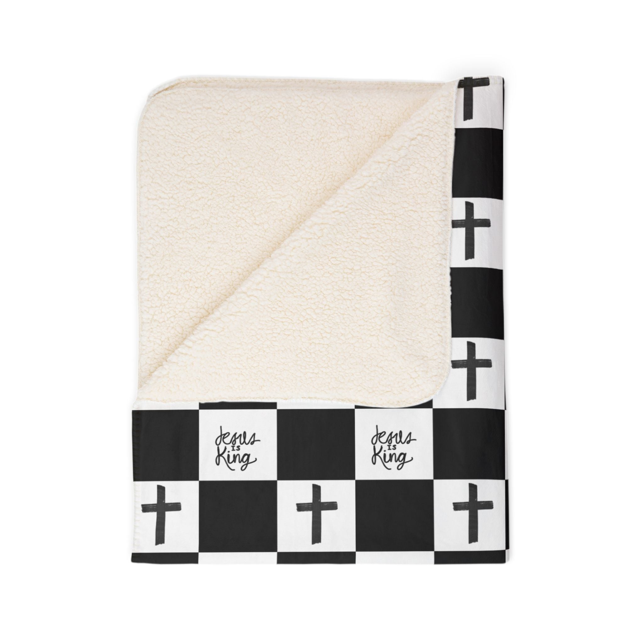 Christian Cross Checkerboard Fleece Sherpa Blanket — Faith-Inspired Black & White Cozy Throw