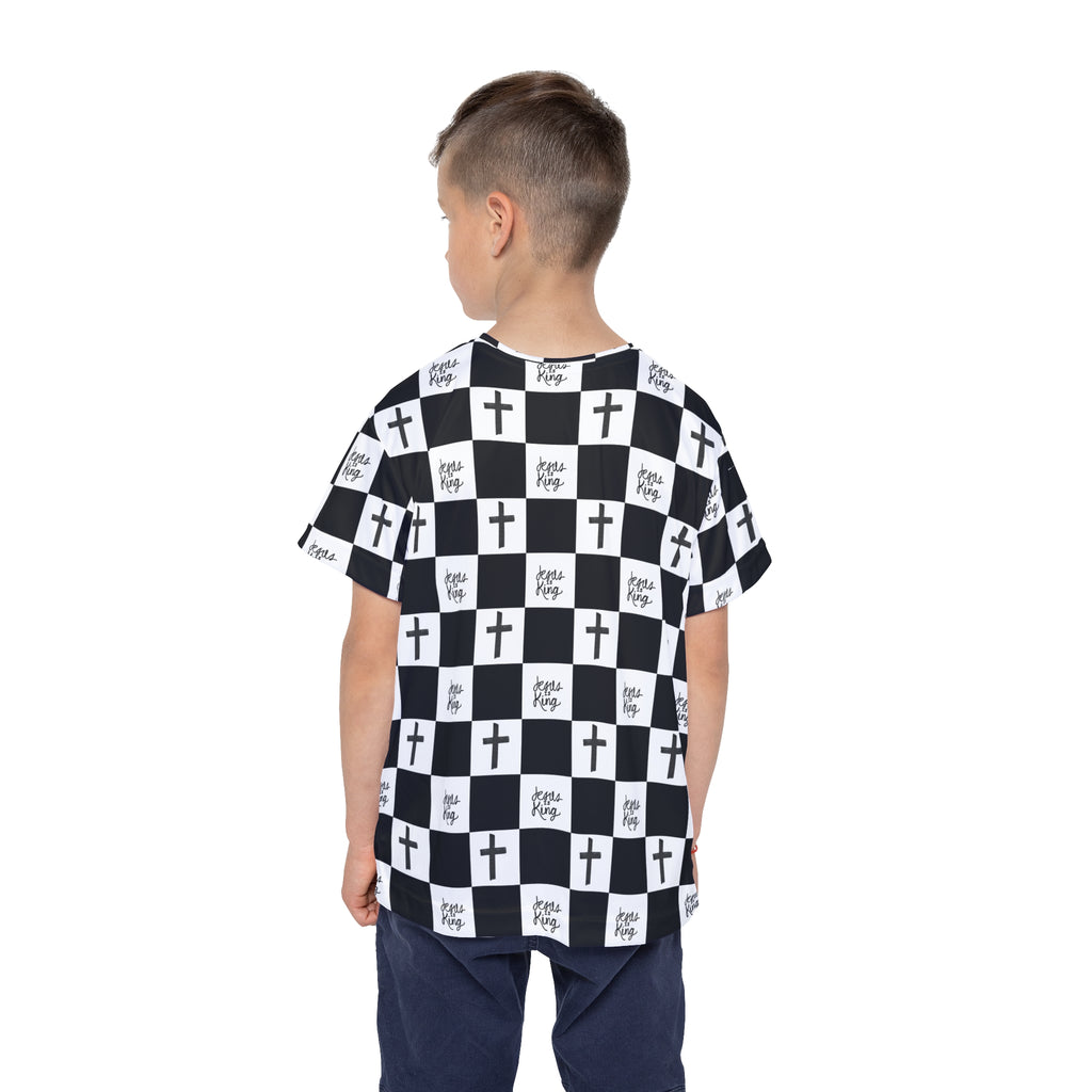 Kids Jersey — Black & White Checker Crosses “Jesus King” All-Over Print