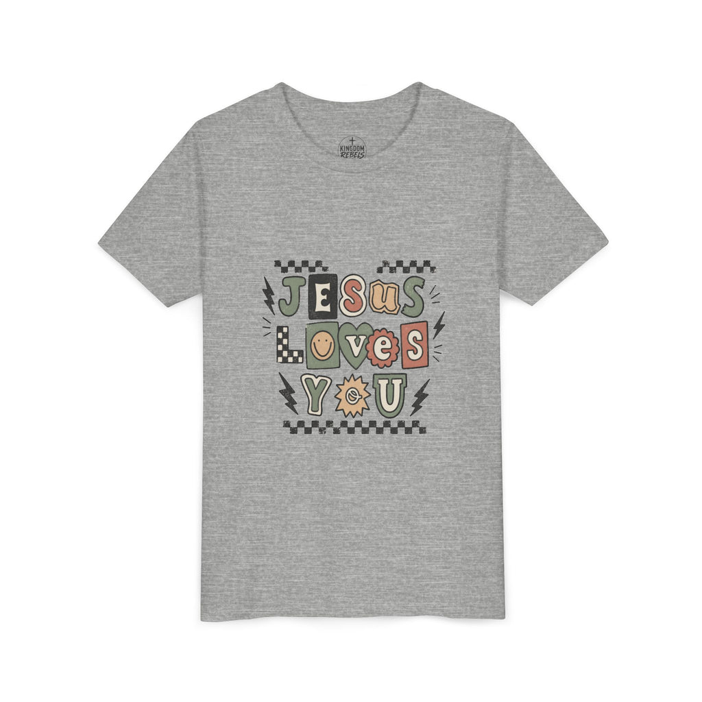 Youth Tee — "Jesus Loves You" Colorful Retro Faith Shirt