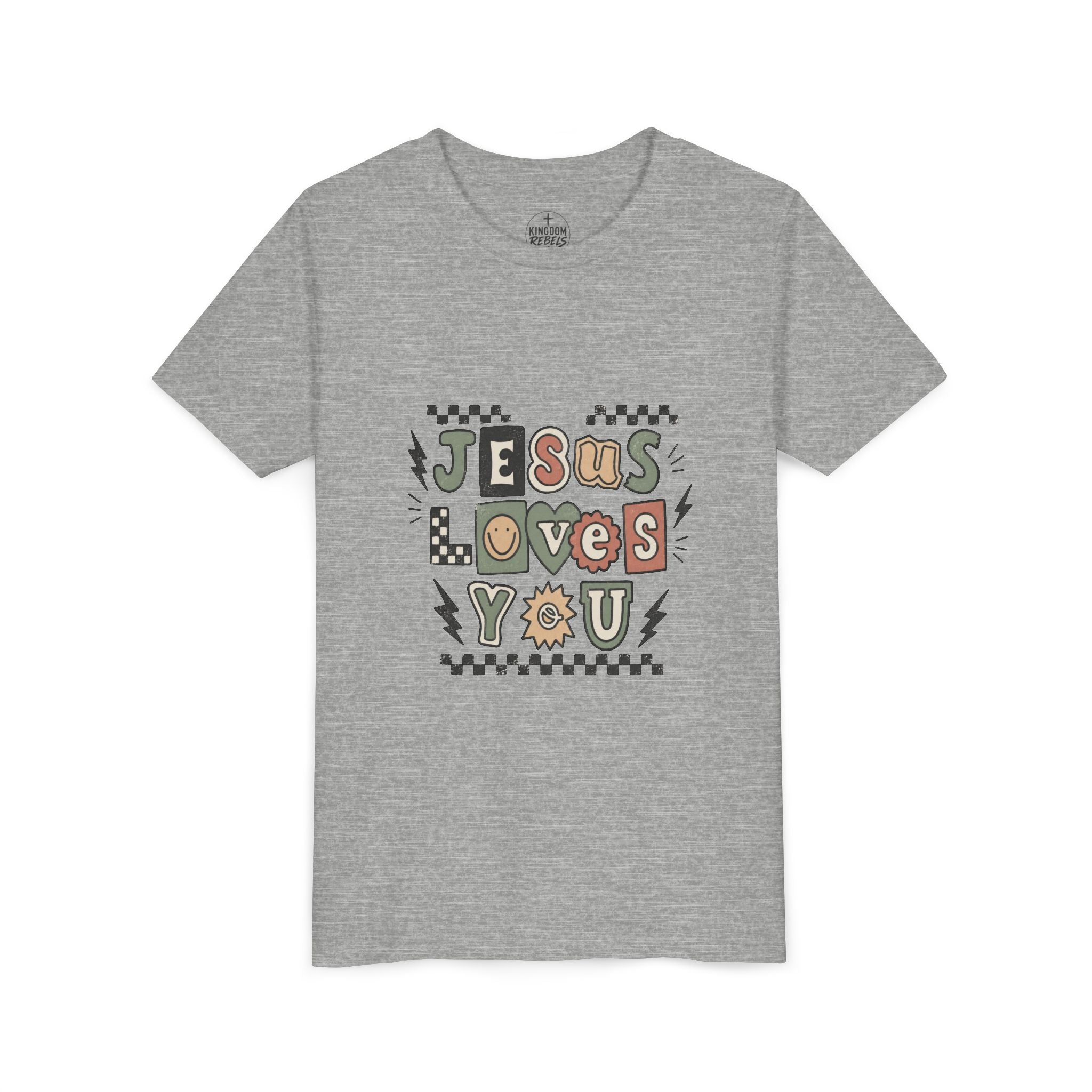 Youth Tee — "Jesus Loves You" Colorful Retro Faith Shirt