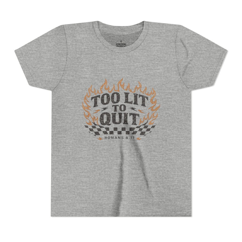 Too Lit To Quit Youth Tee — Retro Flame Graphic Kids T‑Shirt (Romanes 8:31)
