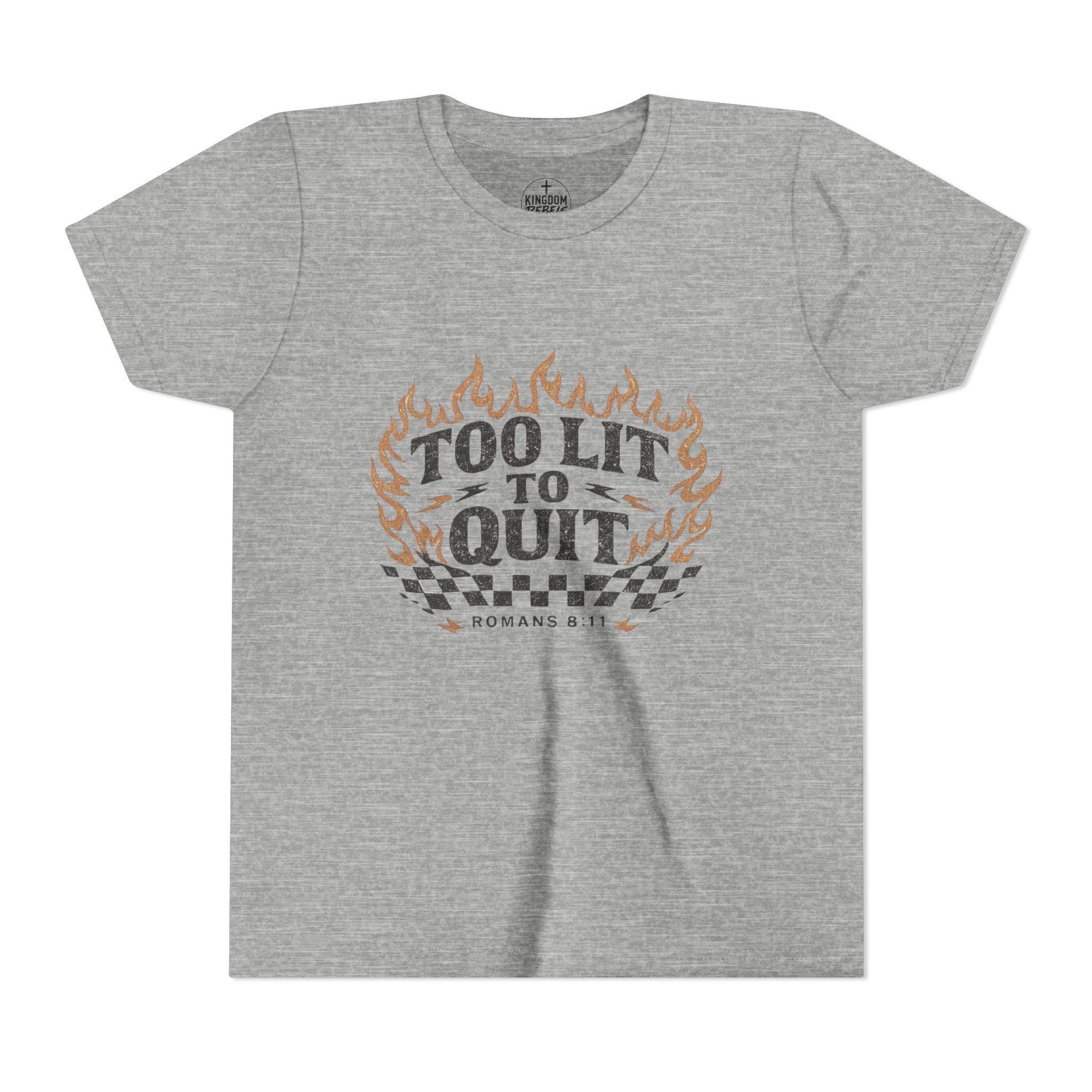 Too Lit To Quit Youth Tee — Retro Flame Graphic Kids T‑Shirt (Romanes 8:31)