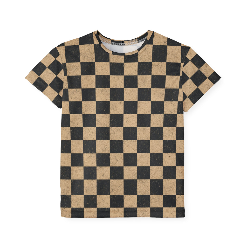 Kids Checkered Sports Jersey — Black & Tan Racing Plaid Tee