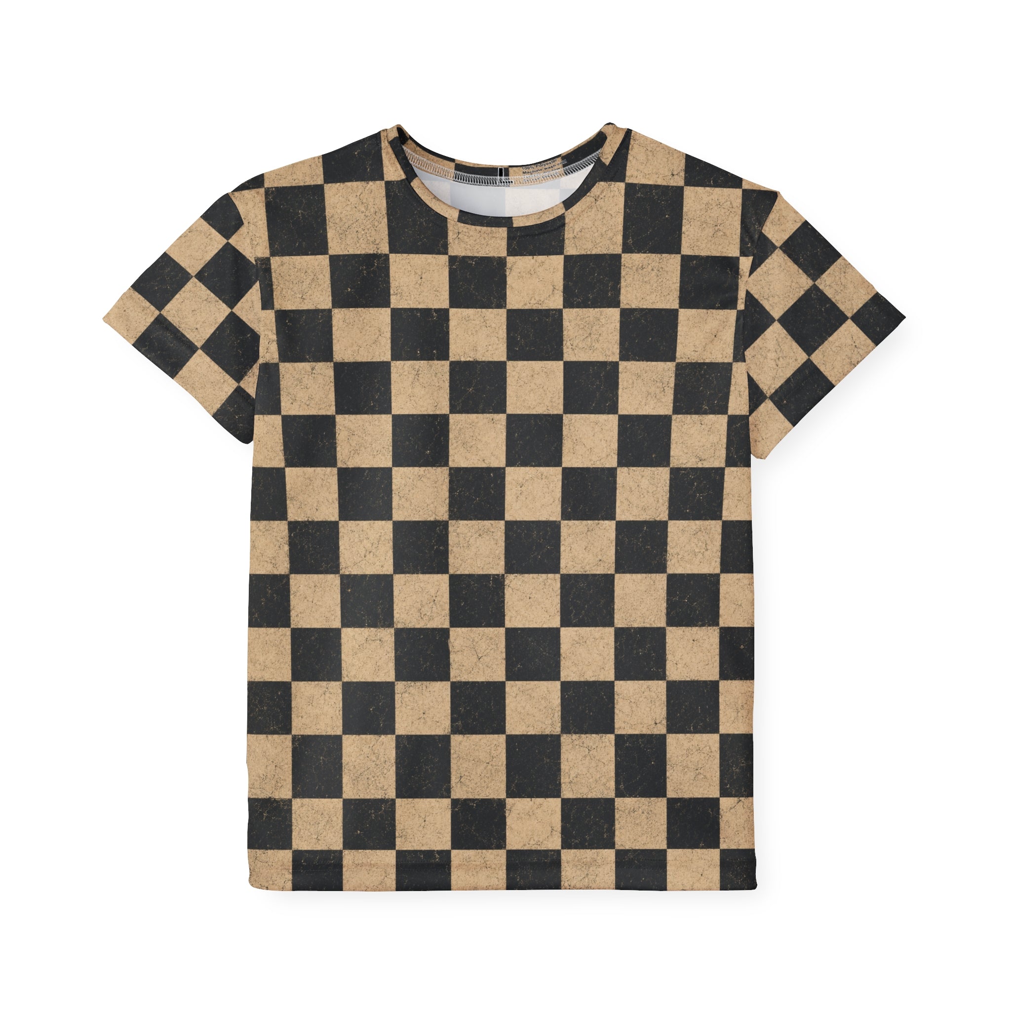 Kids Checkered Sports Jersey — Black & Tan Racing Plaid Tee