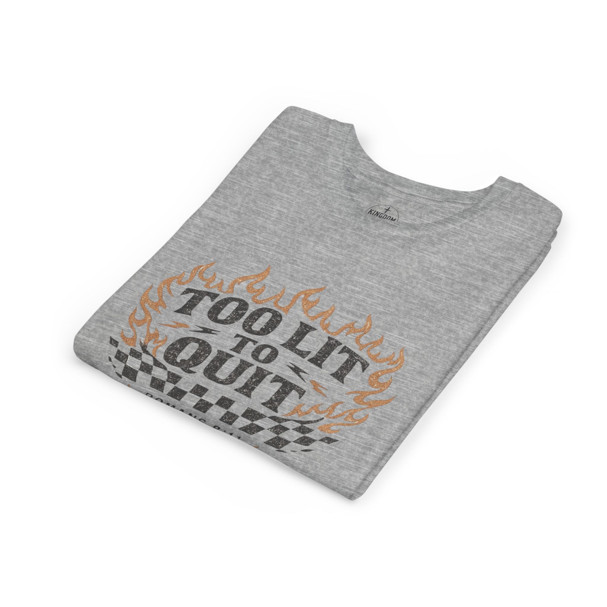 Too Lit To Quit Youth Tee — Retro Flame Graphic Kids T‑Shirt (Romanes 8:31)