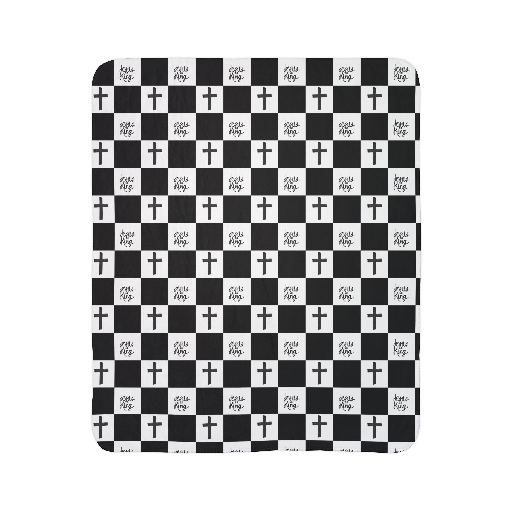 Christian Cross Checkerboard Fleece Sherpa Blanket — Faith-Inspired Black & White Cozy Throw