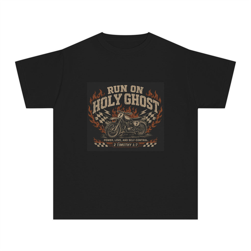 Run On Holy Ghost Motorcycle Youth Tee — Vintage Christian Biker Shirt