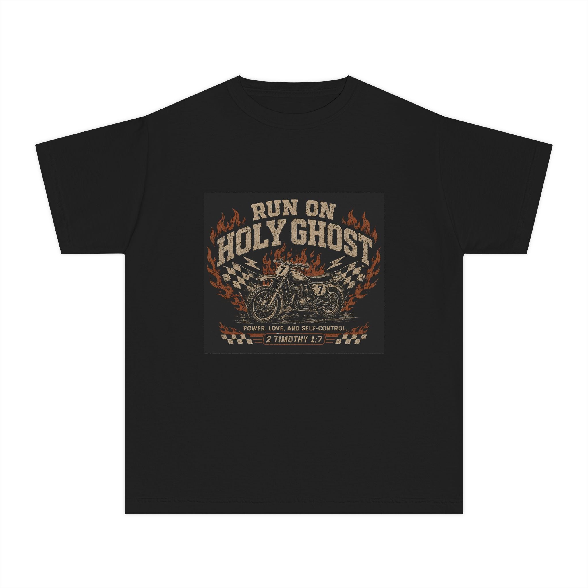 Run On Holy Ghost Motorcycle Youth Tee — Vintage Christian Biker Shirt