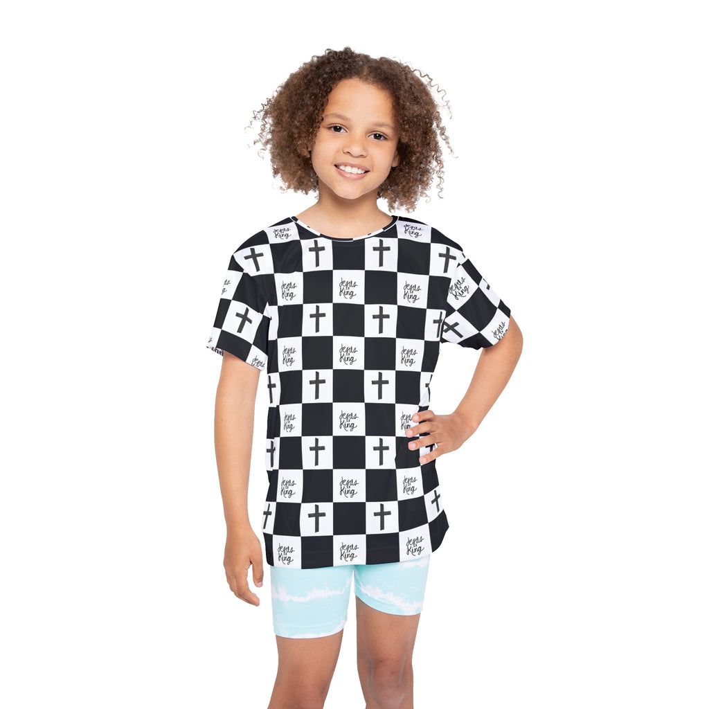 Kids Jersey — Black & White Checker Crosses “Jesus King” All-Over Print