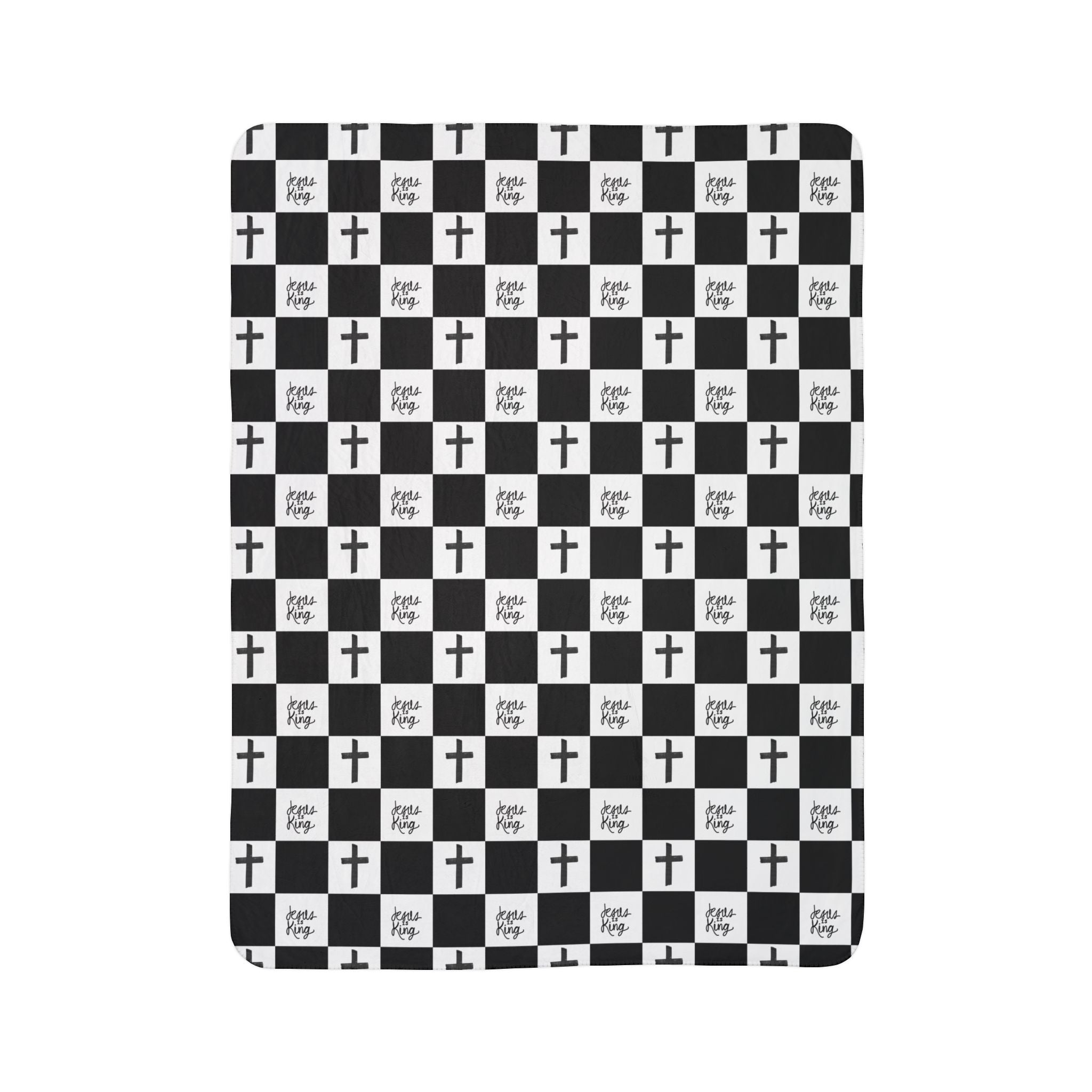 Christian Cross Checkerboard Fleece Sherpa Blanket — Faith-Inspired Black & White Cozy Throw
