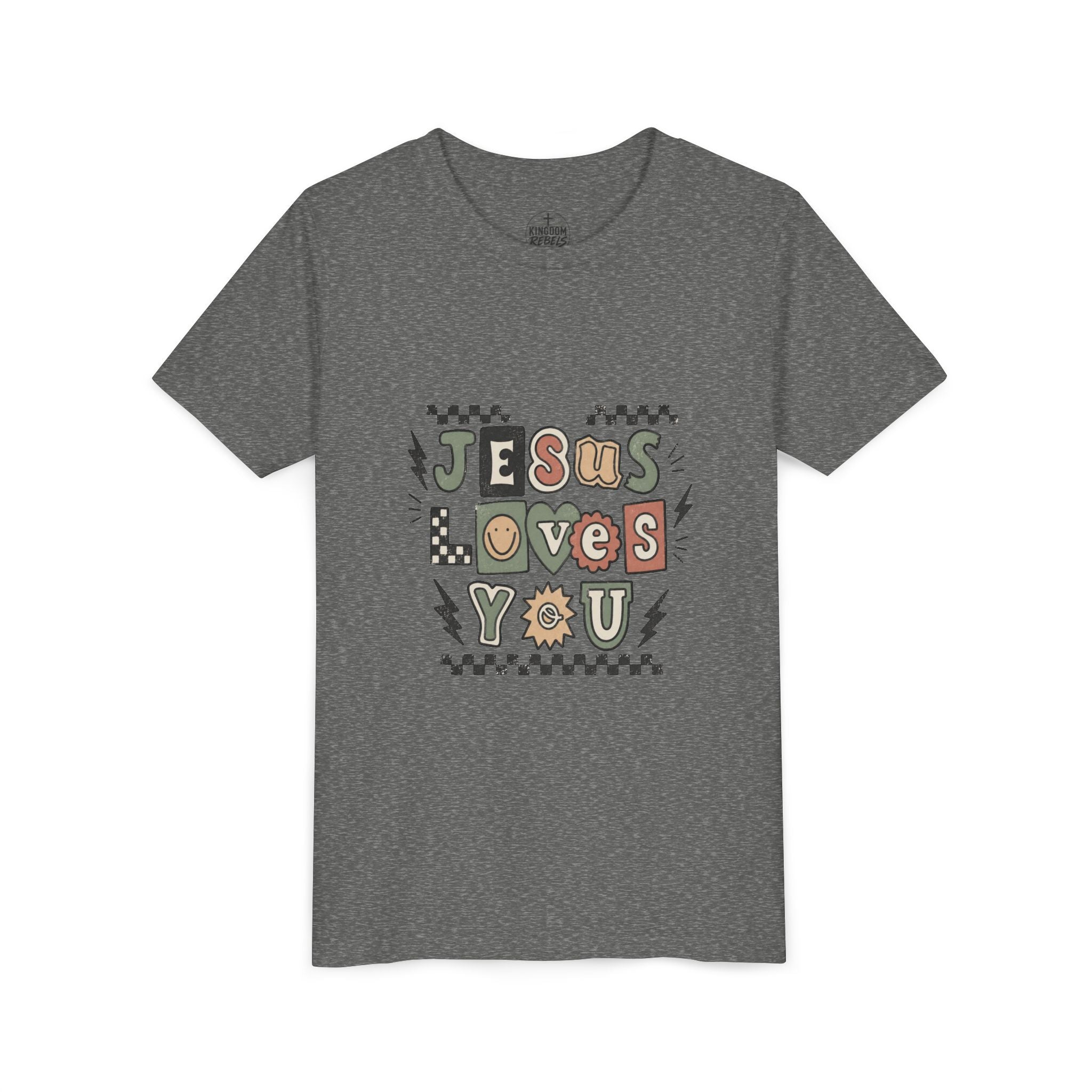 Youth Tee — "Jesus Loves You" Colorful Retro Faith Shirt