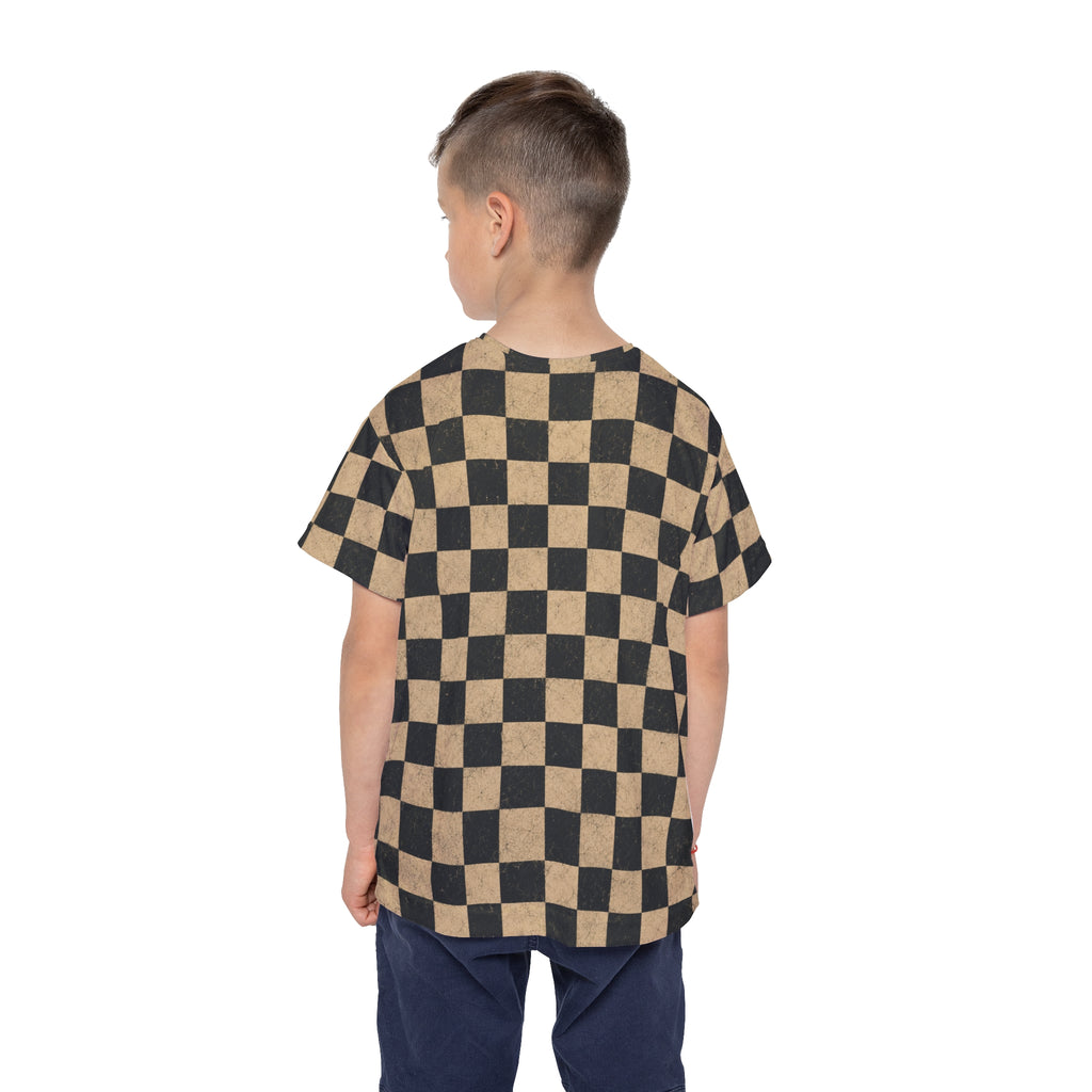 Kids Checkered Sports Jersey — Black & Tan Racing Plaid Tee