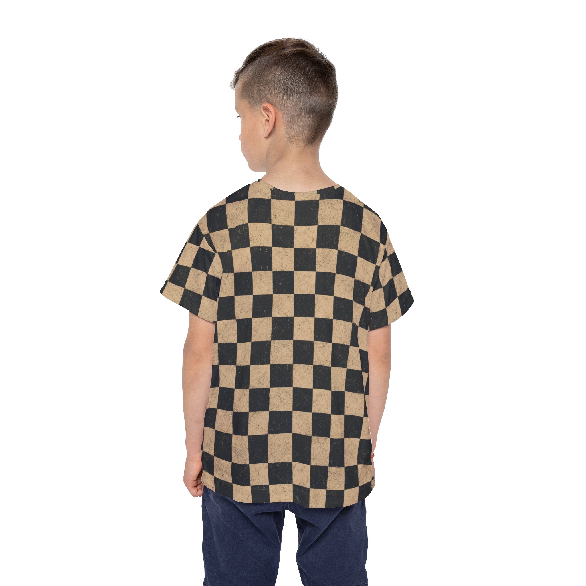 Kids Checkered Sports Jersey — Black & Tan Racing Plaid Tee