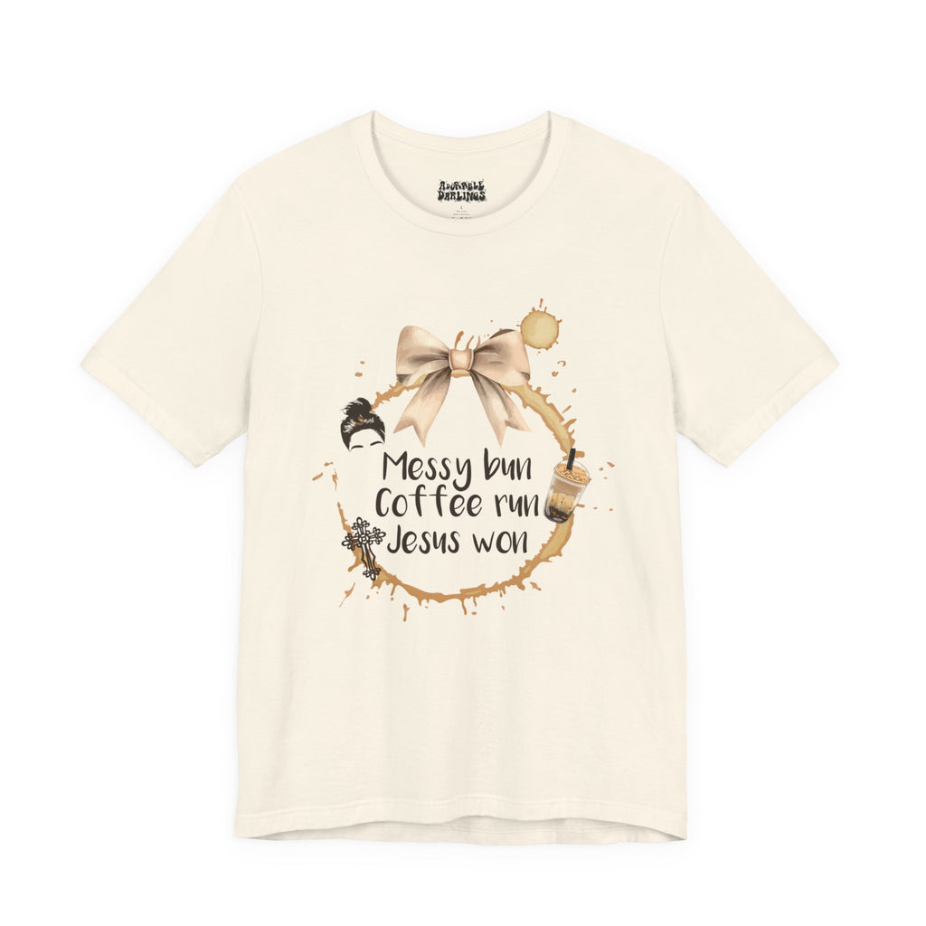 Messy Bun Coffee Run Unisex Tee, Casual Graphic Shirt for Moms, Fun Summer Top, Gift for Jesus Lovers, Cozy Everyday Wear