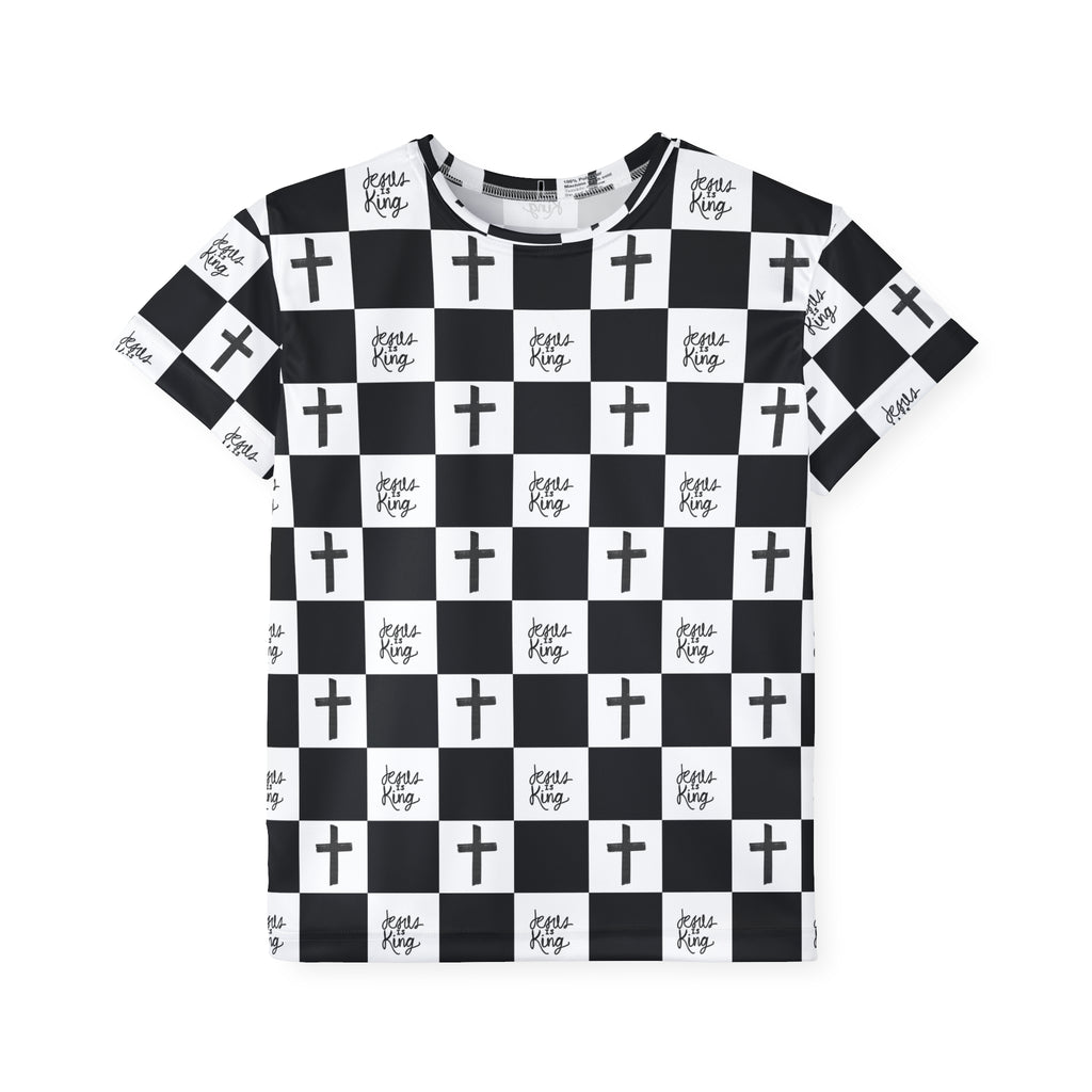 Kids Jersey — Black & White Checker Crosses “Jesus King” All-Over Print