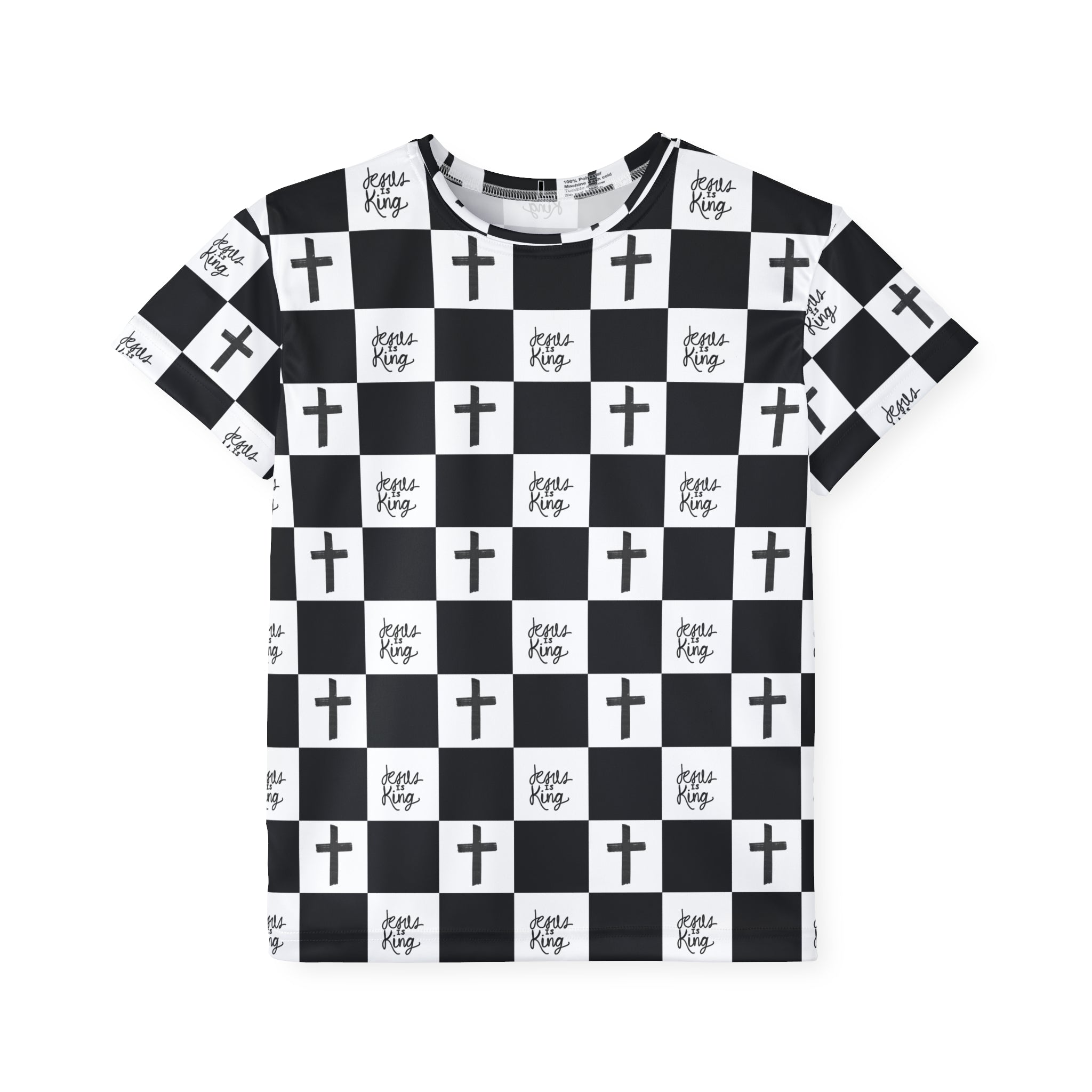 Kids Jersey — Black & White Checker Crosses “Jesus King” All-Over Print