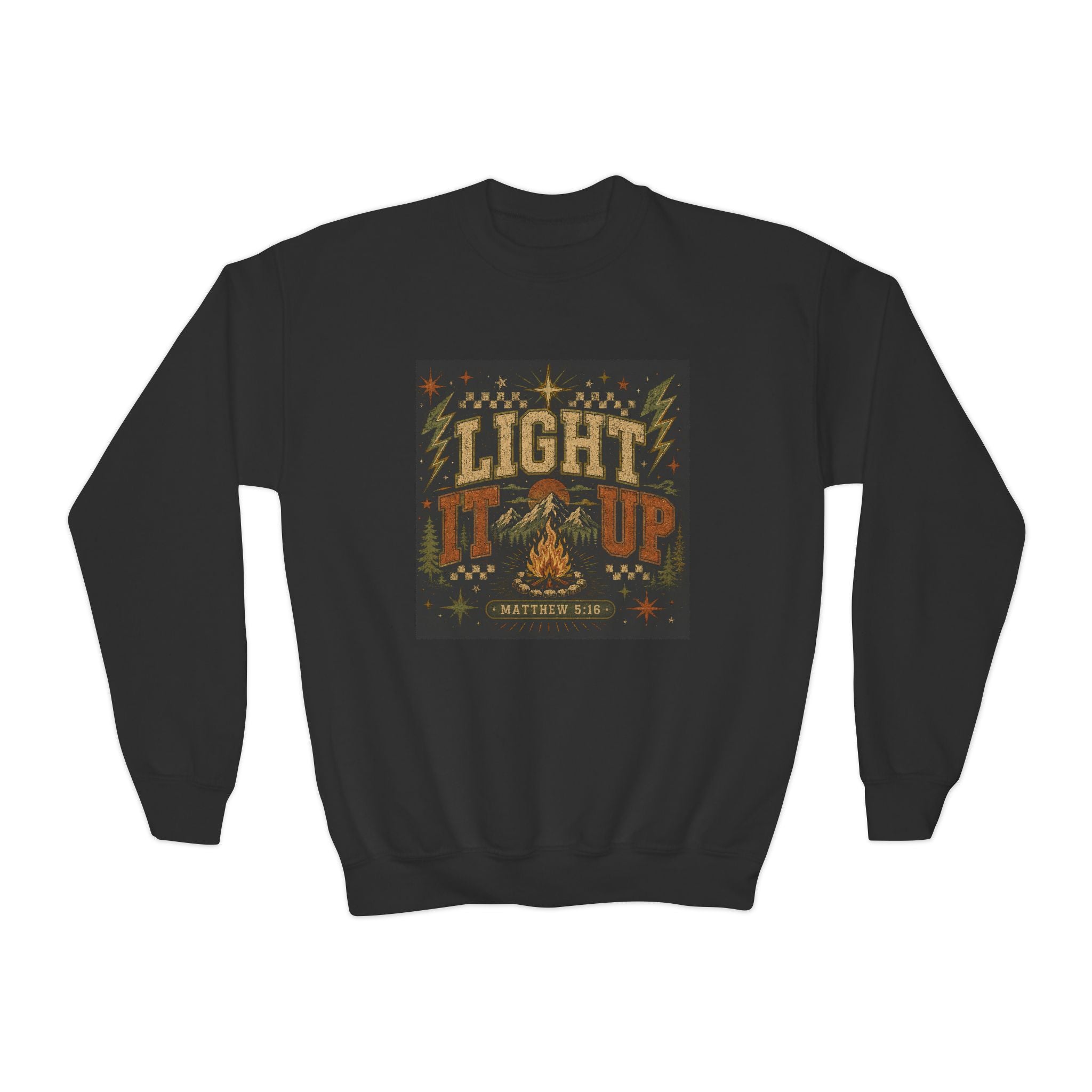 Youth Crewneck Sweatshirt — “Light It Up” Campfire Graphic Pullover